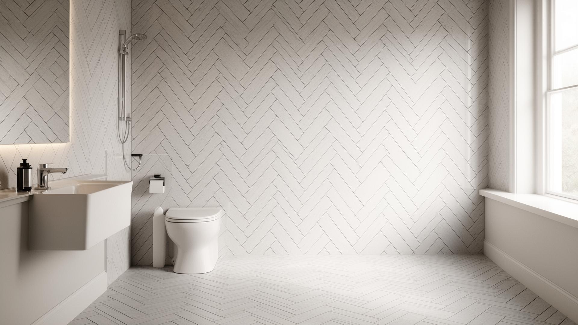 Bathroom tile work with herringbone pattern in Loveland Colorado