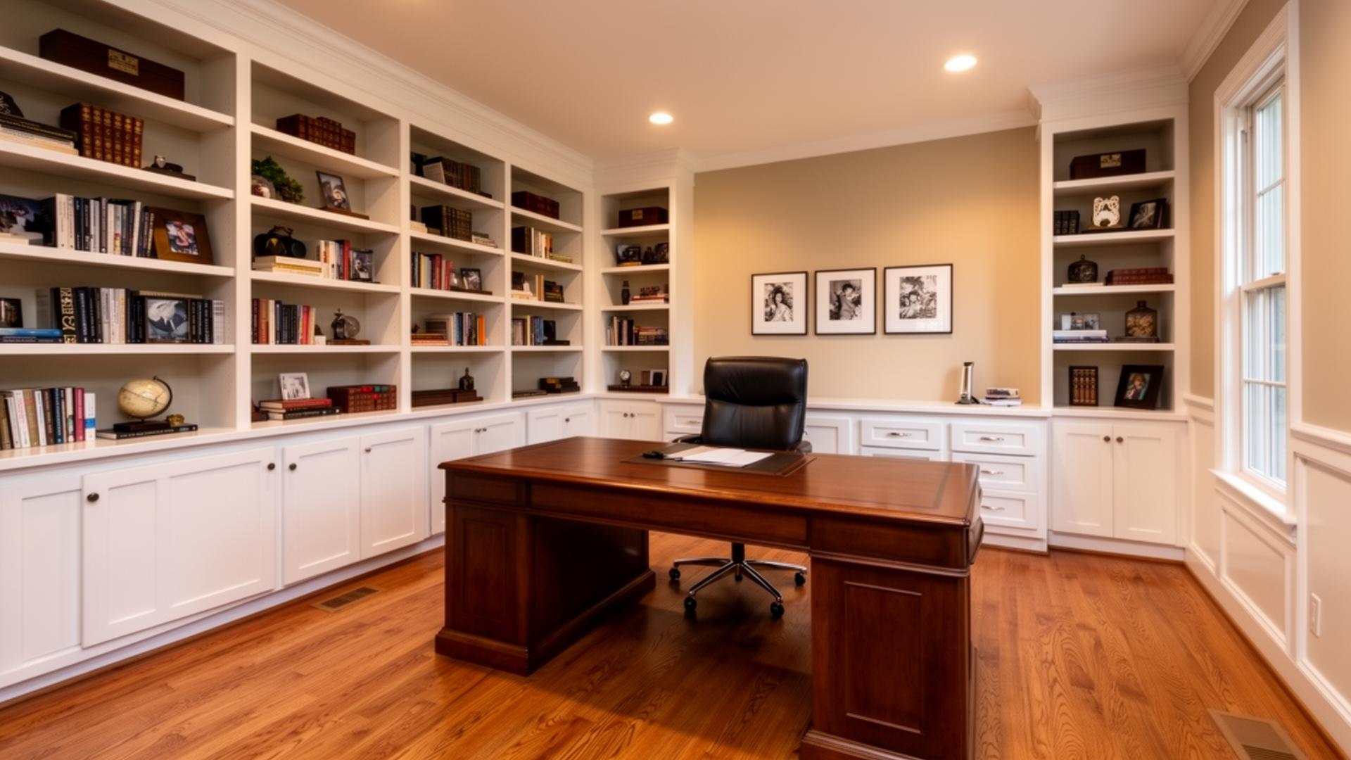 Beautifully remodeled home office with built-in bookshelves and hardwood floor in Loveland Colorado